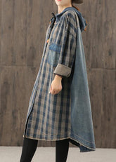 Vestido túnica con capucha y botones en cuadros de color azul denim intenso de talla grande